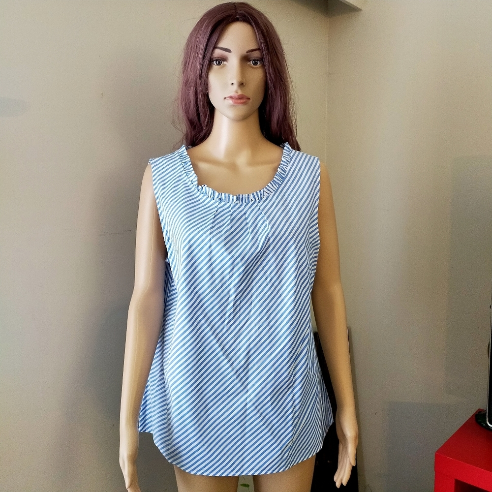 Talbots Blue and White Stripes Sleeveless Cotton Blouse Scoop Neck Top
